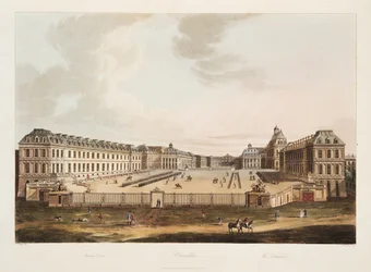 A entrada, ilustração de Versalhes, Paris e Saint Denis, pub. 1805 (aquatinta)
