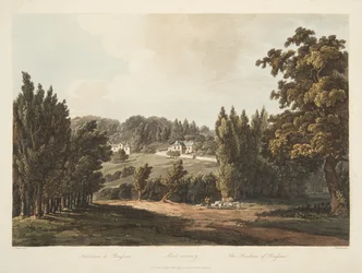 A residência de Rousseau, ilustração de Versalhes, Paris e Saint Denis, pub. 1809 (aquatinta)