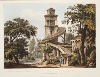 Trianon, a torre de Marlborough, ilustração de Versalhes, Paris e Saint Denis, pub. 1809 (aquatinta)