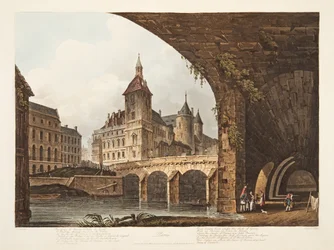 Vista do Pont-au-Change, a excursão de lHorloge e o Conciergerie, ilustração de Versalhes, Paris e Saint Denis, bar. 1807 (aquatinta)