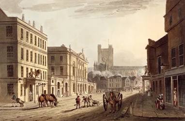 Vista da câmara municipal, do mercado e da igreja da abadia, de "banho ilustrado por uma série de vistas", gravado pelo bar de John Hill (1770-1850). por William Miller, 1804 (aquatinta)