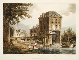 Moinho em Charenton, ilustração de Versalhes, Paris e Saint Denis, pub. 1807 (aquatinta)
