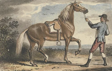 Menino estável, segurando um cavalo em uma paisagem (wc no papel)