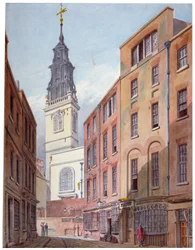 Igreja de São Miguel, Crooked Lane e parte de Crooked Lane, City of London, c1815.                  