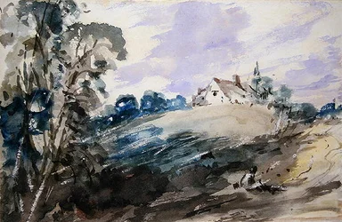 Uma casa de campo em um banco alto (aquarela em papel)