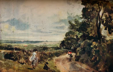 Uma estrada secundária com árvores e figuras anteriores, verso de Willy Lotts House, c1830.