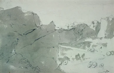 Uma pedreira para pedras de moinho em Derbyshire, 1801 (lápis e sépia no papel)