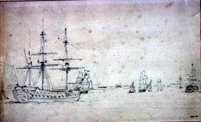 Um navio ancorado e outro transporte no Tâmisa (grafite sobre papel)