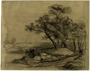 Margem do rio com árvores (anverso); rebanho de gado sob árvores, com esboço de paisagem (verso)