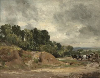 Bancos de areia e uma carroça e cavalos em Hampstead Heath, c.1820-25