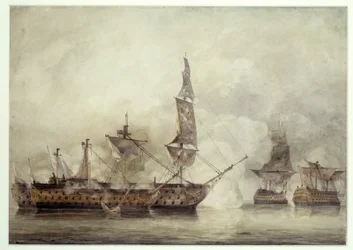 O "Victory" tem Trafalgar entre dois navios franceses (1805). Desenho de John Constable (1776-1837)