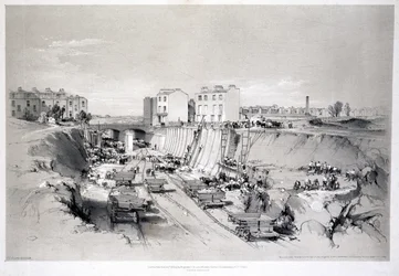 Construindo as paredes de retenção em Park Street, Camden Town, 1836