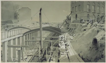 Construindo as paredes de retenção em Park Street, Camden Town, em setembro de 1836 (caneta e tinta e lavar no papel)