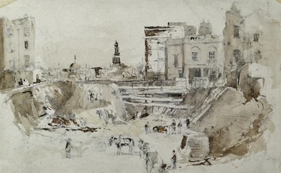 Construção dos caminhos-de-ferro de Londres e Birmingham, c.1835 (lápis com lavagem em papel)