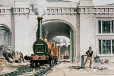Entrada, para, a, locomotiva, casa motor, camden, cidade, londres, 1839