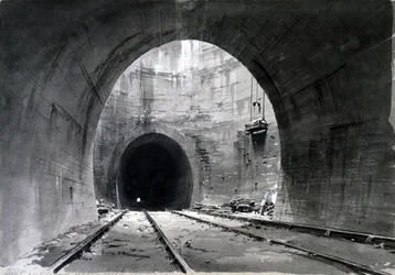 Great eixo de ventilação, Kilsby Tunnel, Northamptonshire, 1837-38 (caneta e tinta e lavar no papel)