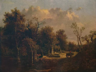 A borda da floresta, com carrinho de fazenda e gado, c1811