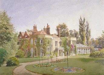 A entrada principal e jardim em Raleigh House, Brixton Hill, Lambeth, Londres, 1887