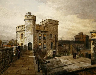 Vista da Torre Devereux, Torre de Londres, com figuras em vestuário militar