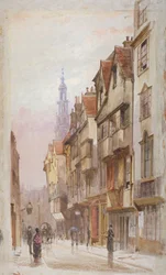Vista da Wych Street, Westminster, olhando para leste do portão do New Inn, Londres, c1880