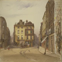 Vista de Wych Street e Holywell Street, Westminster mostrando a Taverna do Sol Nascente, 1881 (wc no papel)