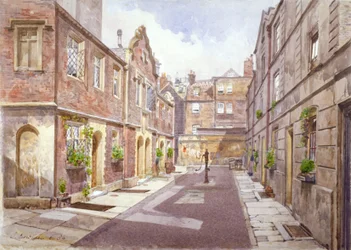 Vista dos asilos em Cock Court, Jewry Street, City de Londres, 1886.