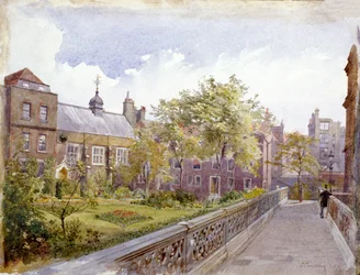 Vista do Staple Inn e jardim, Londres, 1882