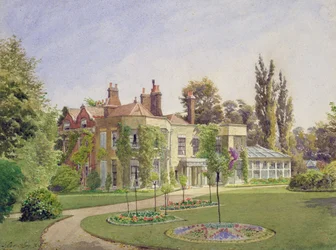 Vista da entrada da frente e do jardim em Raleigh House, Brixton Hill, Lambeth, 1887