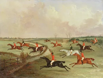 A caça de Quorn a toda a velocidade: cavalos de reserva, segundo uma pintura de Henry Alken (1785-1851)