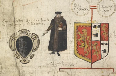 Um detalhe do rolo Genealógico da descida de John Dee ... mostrando o seu parentesco com os Soberanos da Casa de Tudor