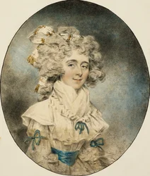 Retrato da Sra. Fisher, meio comprimento, em um vestido branco adornado com fitas azuis, 1788