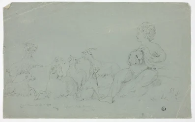 Antigo baixo-relevo com menino sentado segurando falcão e acompanhado por cachorro, ovelha e cabras