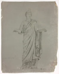 Estátua antiga da deusa em pé com os braços estendidos