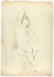 Antiga estátua de Putto sentado brincando com máscara