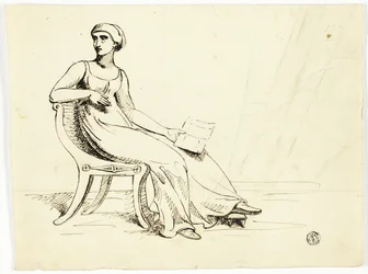 Mulher sentada numa cadeira romana