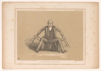 Desenho animado mostrando Robert Peel a cair entre duas cadeiras
Uma situação perigosa (título sobre o objecto)
HB Sketches (título da série sobre o objecto)
