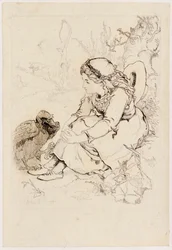 Menina sentada e pássaro grande (gravura)