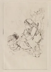 Menina sentada e Pássaro Grande (gravura)