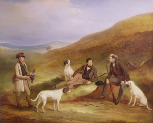 Edward Horner Reynard e o seu irmão George caçando tetrazes com o guarda-caça Tully Lamb em Middlesmoor, Yorkshire