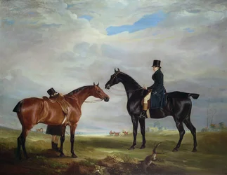 Frank Hall Standish no seu cavalo de caça preto, com um tratador e um segundo cavalo