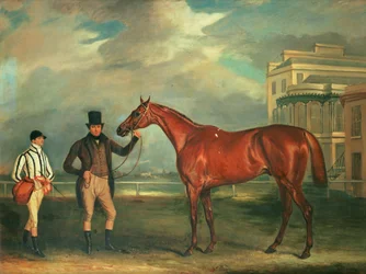 General Chasse, um cavalo de corrida castanho que está sendo mantido por seu treinador, com seu jóquei, J. Holmes, aguardando no autódromo de Aintree, 1835