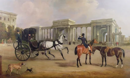 Sr. Massey Stanley com cabriolet e hacks no Hyde Park Corner, 1833