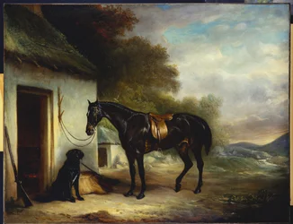 O Caçador Favorito do Sr. Stuart, Vagabond "e seu Retriever Revestido, Nell, por uma Porta de Casa de Campo, 1867