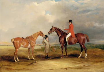 Retrato de John Drummond em um caçador com um noivo segurando seu segundo cavalo, em uma paisagem, uma festa de caça além, 1831
