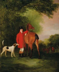 Retrato de Lord Lismore em um casaco de caça com seu caçador de baías e um cão, em uma paisagem, uma festa de caça além