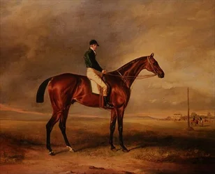 Priam, um cavalo de corrida na baía montado por Sam Day