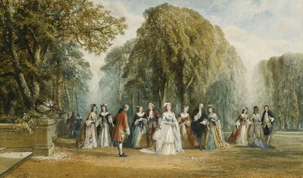 A introdução: figuras elegantes em um jardim, 1870