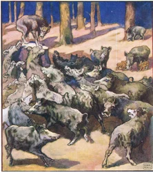 No centro do cepo estava um grande lobo cinzento (cor litho)