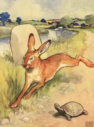 A Tartaruga e a Lebre das Fábulas de Esopo, pub. por Raphael Tuck & Sons Ltd., Londres (ilustração do livro)