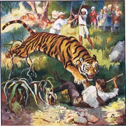 No instante seguinte vi-o a cair para trás sob o tigre (cor litho)